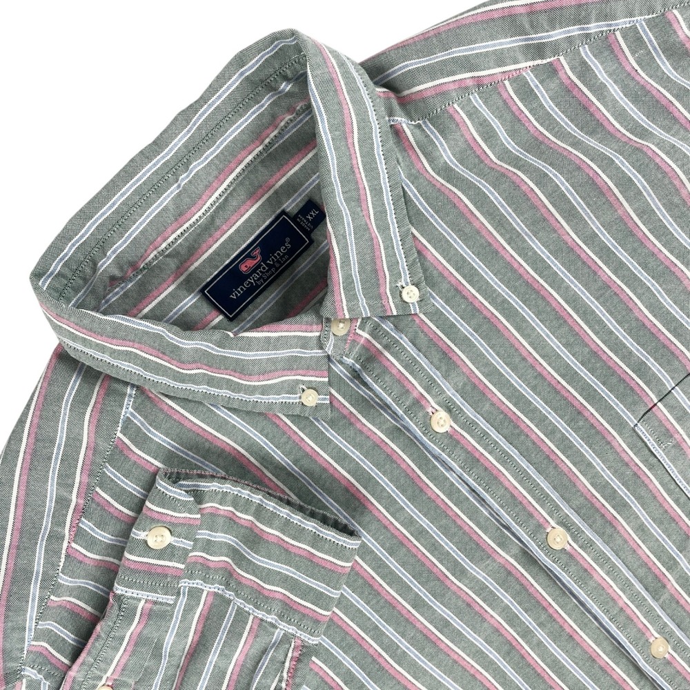 Vineyard Vines Shirt Mens XXL Green Pink Stripe Long Sleeve Button Down Whale